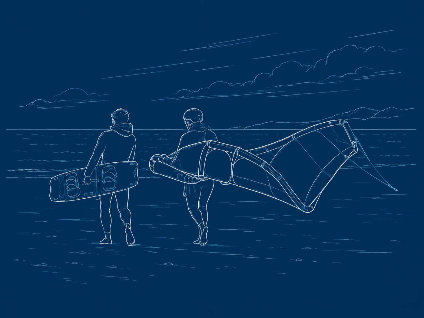 Line illustration of two kitesurfers walking to the water together, one carrying a twin-tip board and one carrying a rigged kite