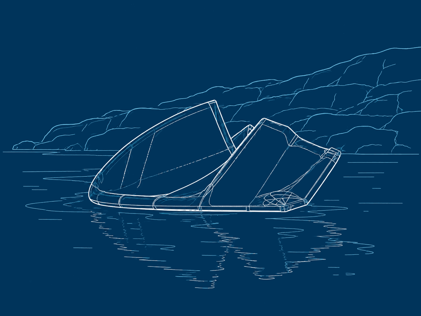 Line illustration of a downed inflatable kite sitting on the water, holding its full shape